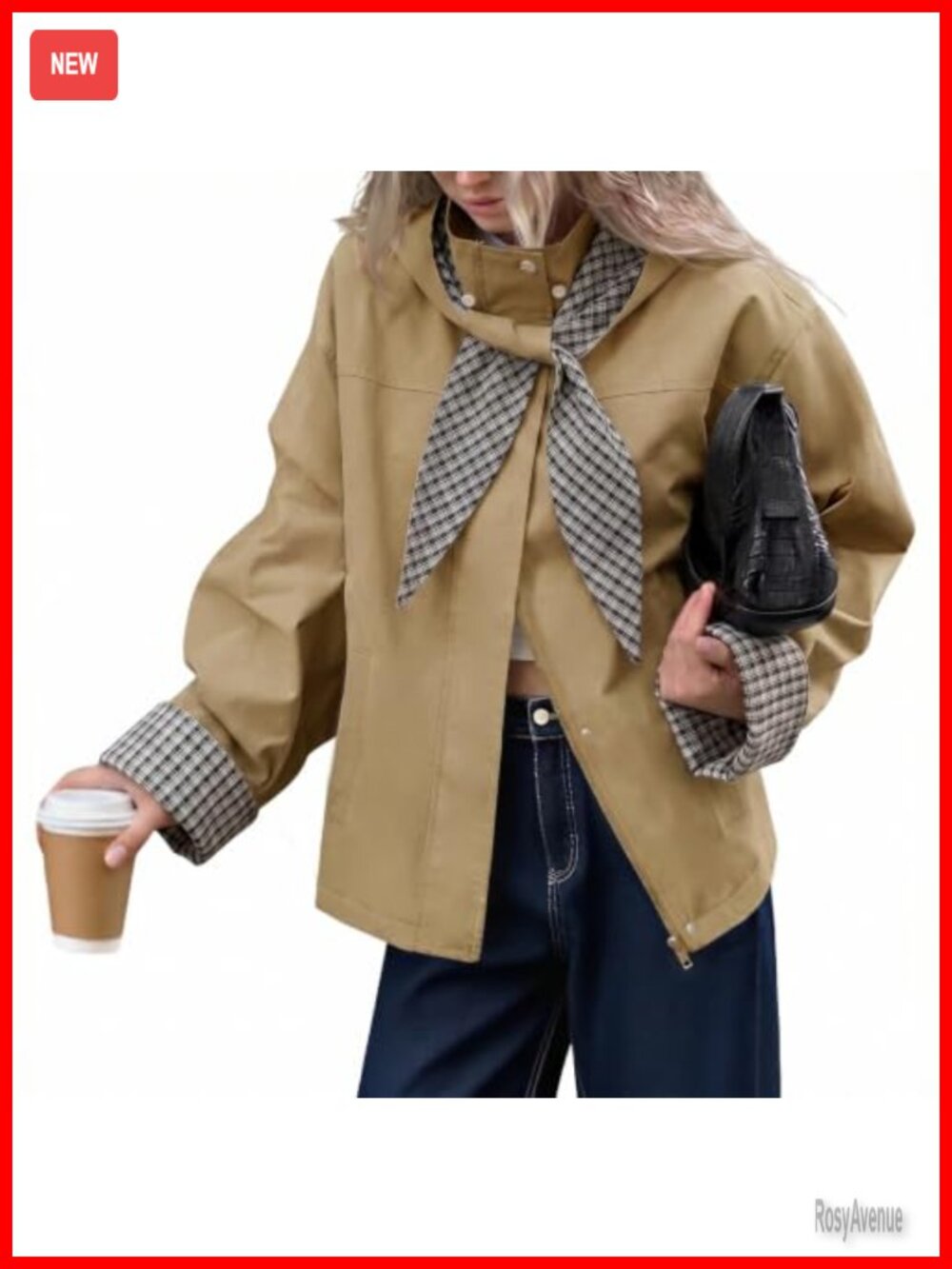 Cropped Trench Coat Plaid Detachable Hood Loose Fit Lightweight Jacket for Fall
